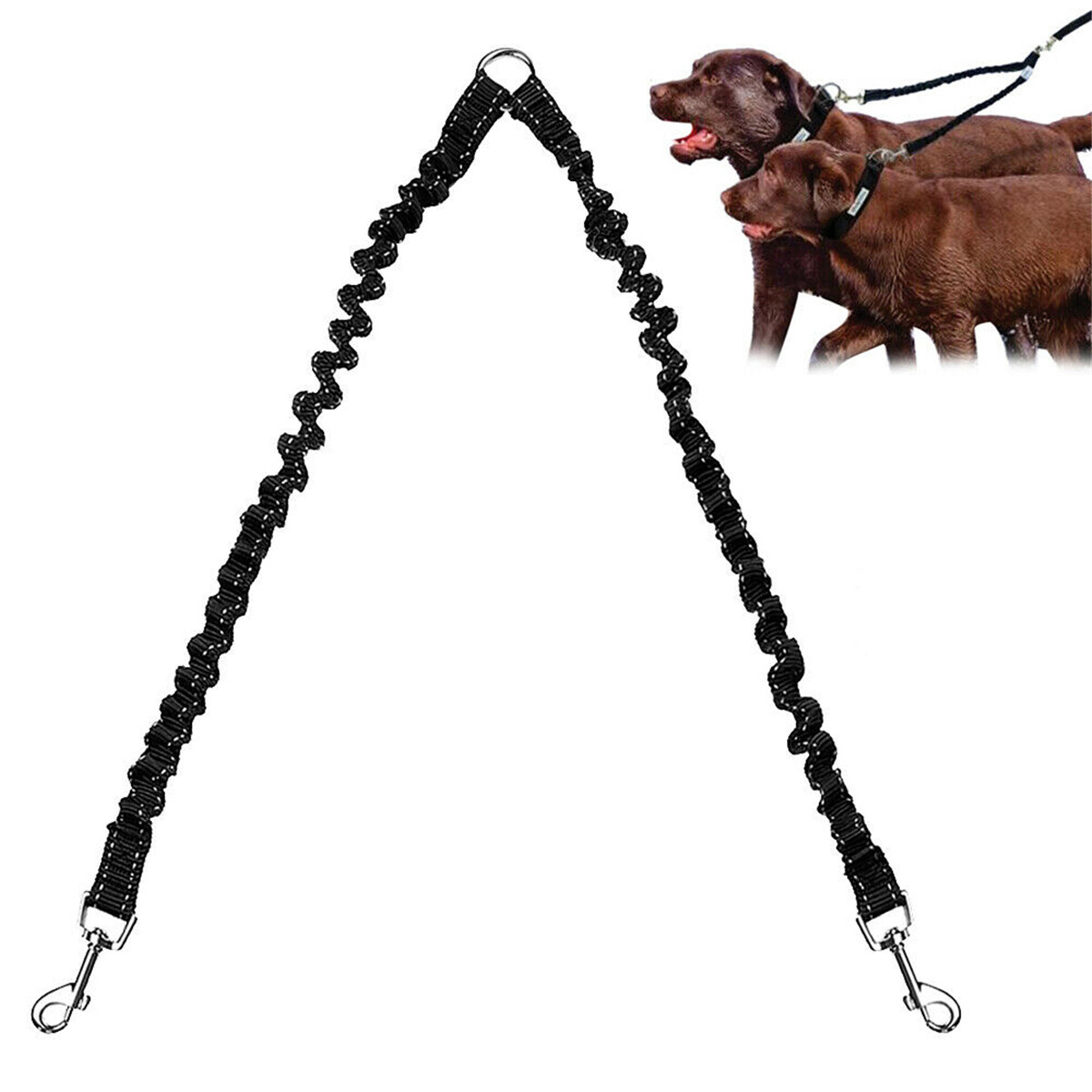 Strong Nylon 2 Way Dog Coupler Leash Bungee Double Lead Twin Two Dogs Walking