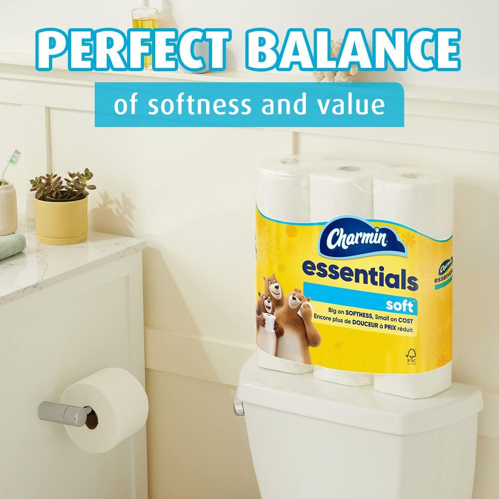Essentials Soft Toilet Paper, 9 Mega Rolls = 36 Regular Rolls