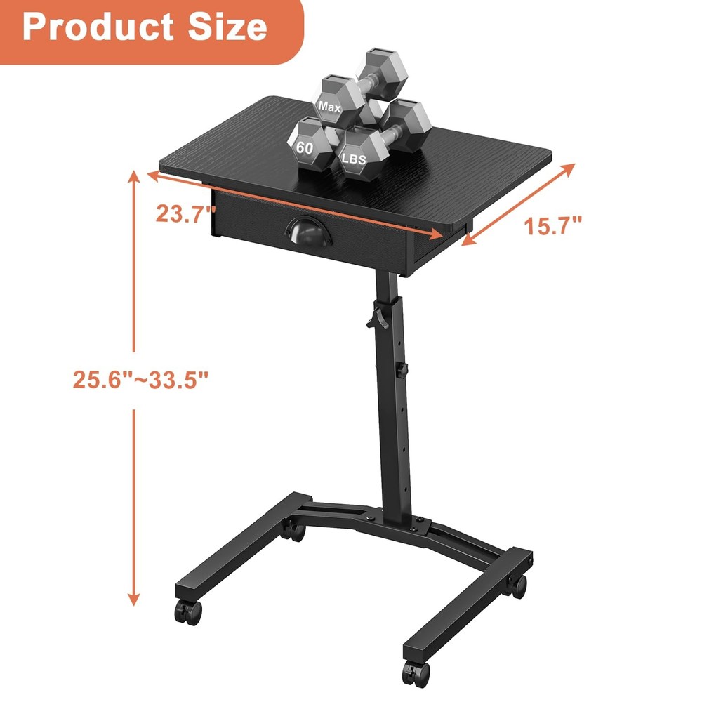 Rolling Adjustable Height Computer Desk With Drawers, Small Mobile Laptop Des...