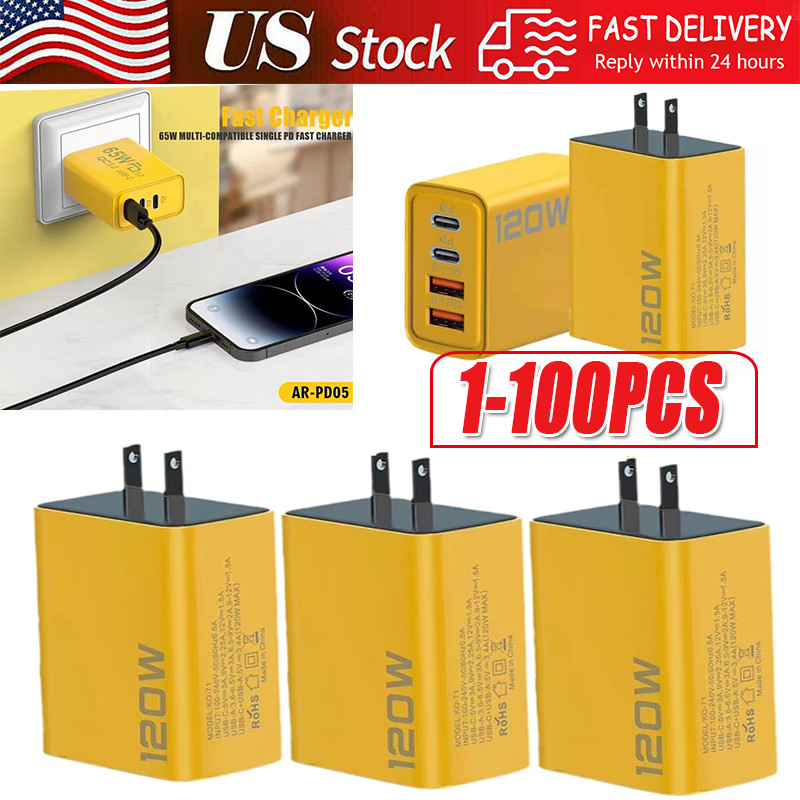120W 4-Port USB C Fast Wall Charger Block All Cell Phone 16 15 13 11 X iPad lot