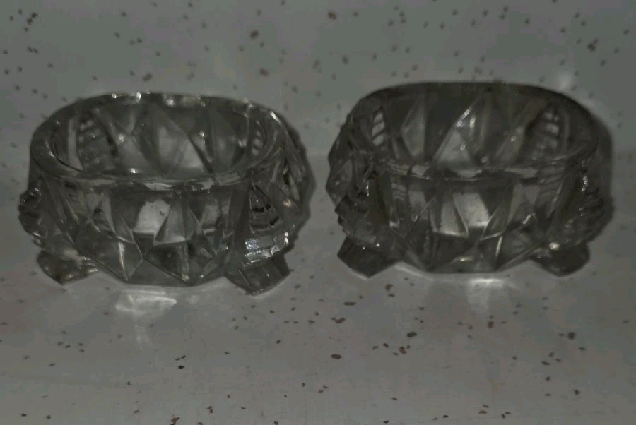 Vintage Cut Glass Footed Salt Cellars Diamond Pattern 2