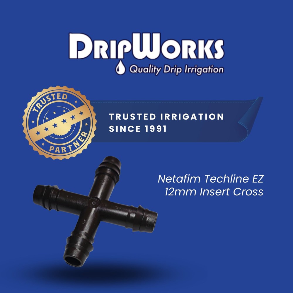 Netafim Techline EZ 12mm Insert Cross – 4-Way Barbed Fitting for Drip