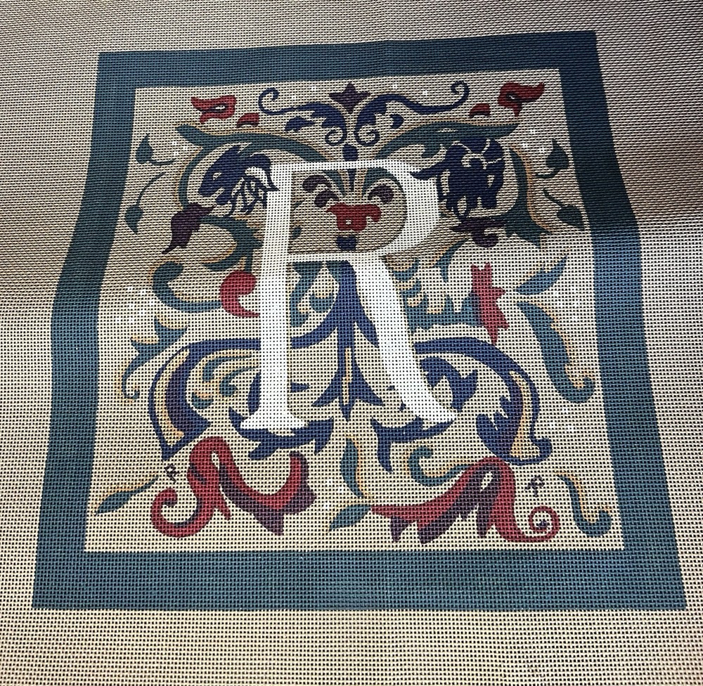 EXTRA LARGE HAND PAINTED NEEDLEPOINT CANVAS R MONOGRAM, PILLOW/WALL HANGING, 13C