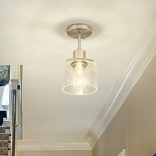 Industrial Semi Flush Mount Ceiling Light, Brushed Nickel 1-Light Close Silver