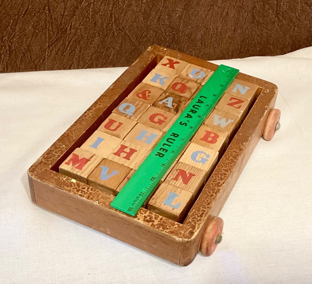 Antique Wood Pull Toy Alphabet Blocks Wagon