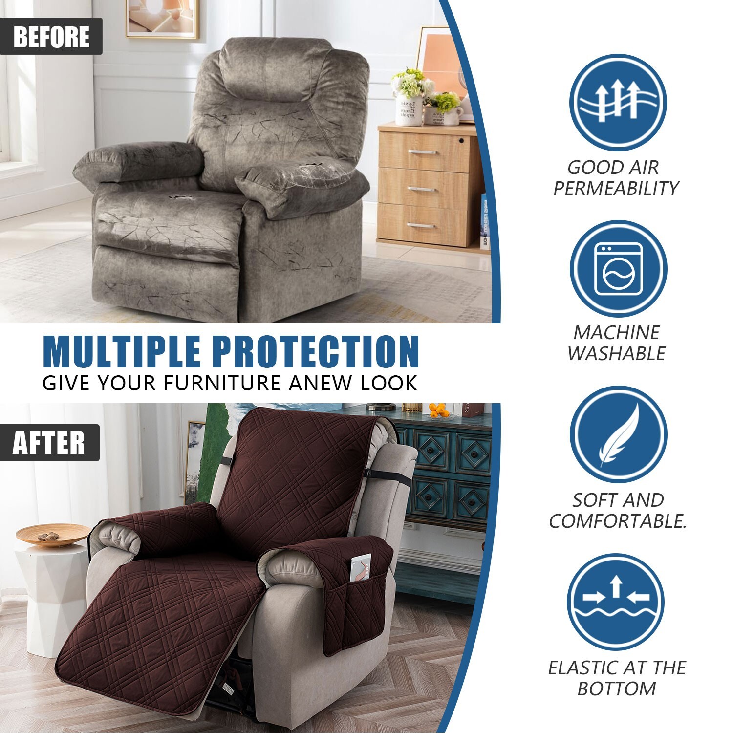 100% waterproof non-slip recliner cover, pockets, furniture protection trim