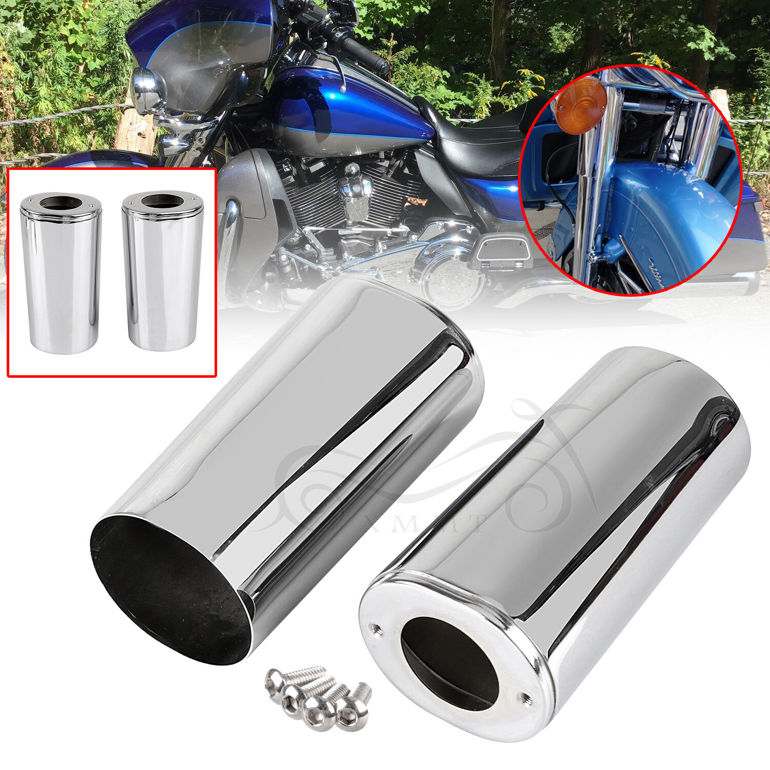 Chrome Fork Boot Slider Cover Cow Bells For Harley Street Glide Road King FLHR