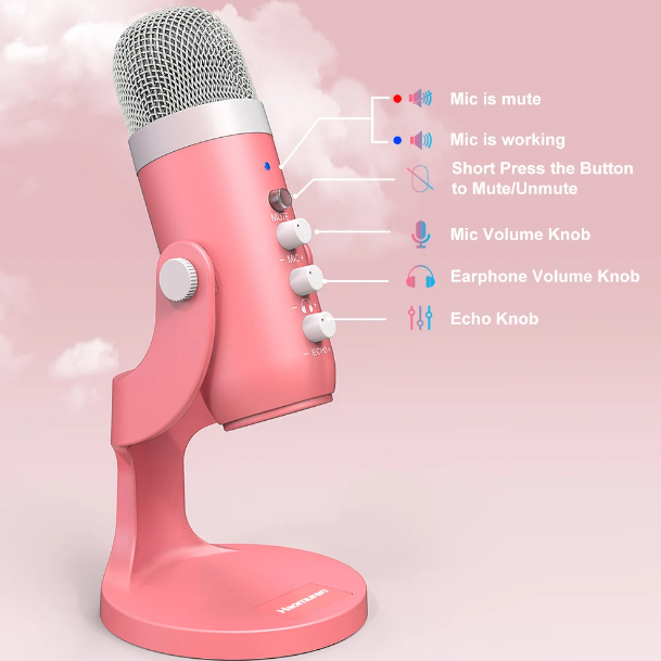 Gaming USB Pink Microphone with Quick Mute for Phone Computer PC PS5, Studio
