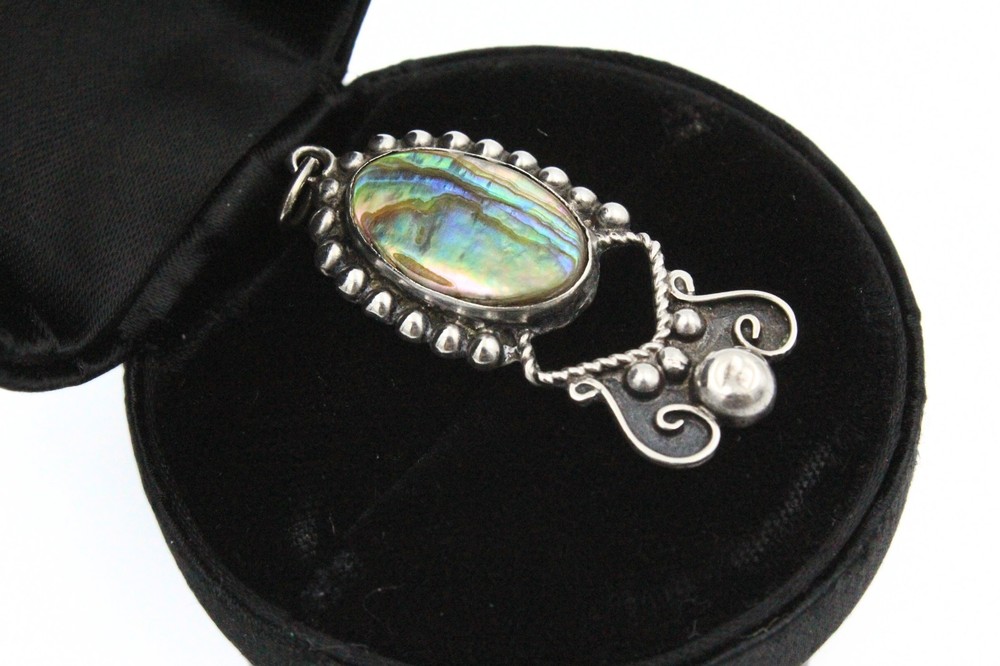 CMS Signed Sterling Silver Mexico Abalone Tribal Pendant