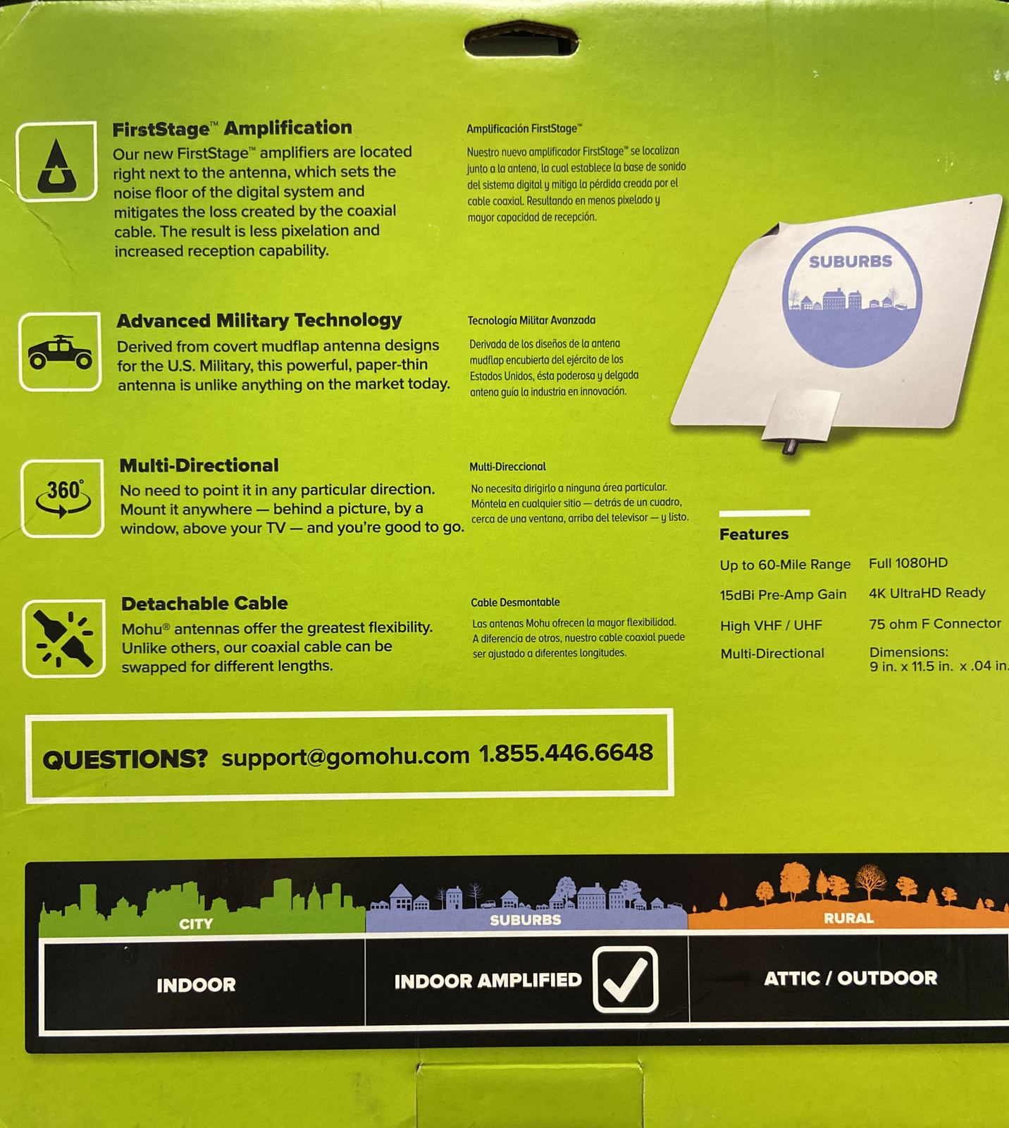 Used Mohu MH-110029BB Leaf Plus Indoor Amplified HDTV Antenna 60 Mile Range