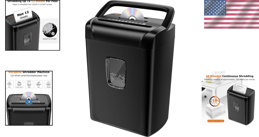 Portable 12-Sheet Office Shredder, High Security