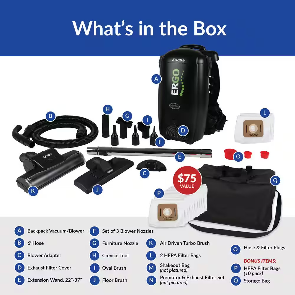 Commercial 8Qt Ergo Backpack Vacuum & Blower Multisurface Accessory Bundle