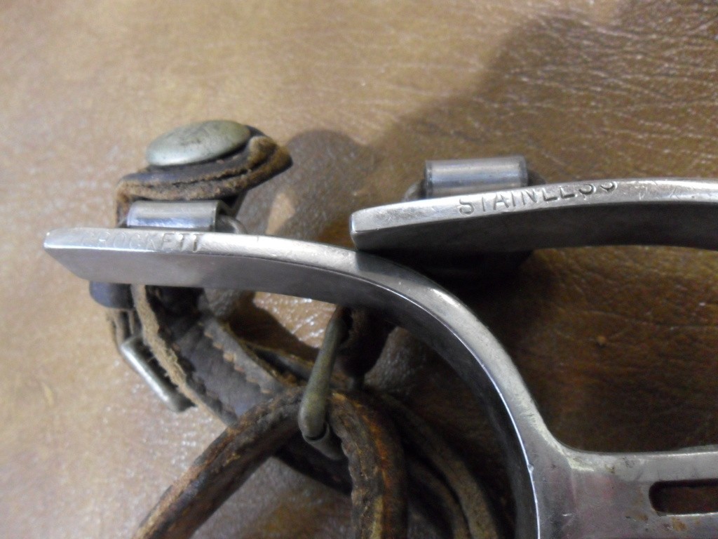 Vintage Crockett Stainless Spurs W/ Leather Straps Cutting Horse 55 Etched