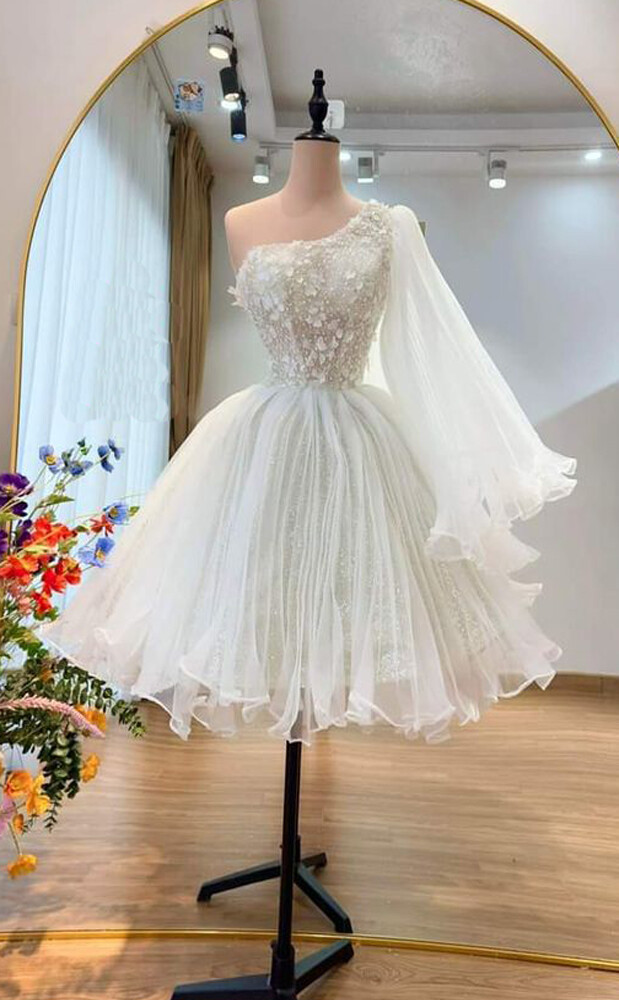 Mini Short Wedding Dresses One Shoulder Beading Above Knee Romantic Bridal Gown