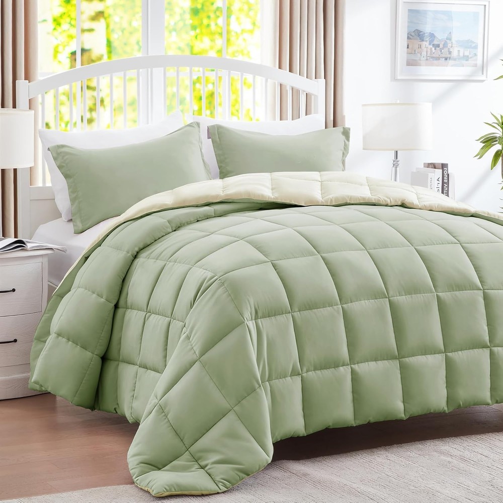 Luxury Queen Comforter Set - 3-Piece Solid Reversible Microfiber for All Seasons