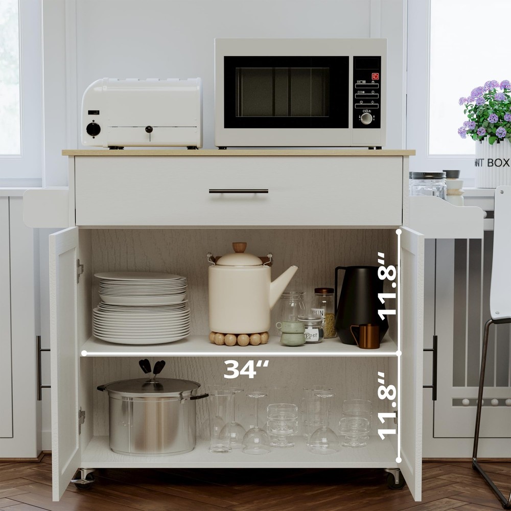 IRONCK Rolling Kitchen Island Table on Wheels with Drop Leaf, Storage Cabinet, D