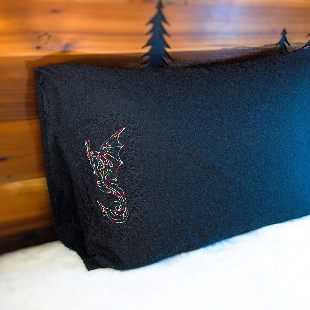 Dragon Embroidered Queen Size Pillowcase - Black