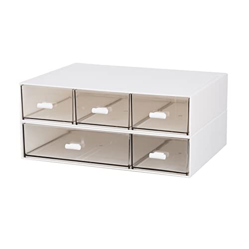 Desktop Organiser with 5 Drawers, Stackable 2 Flat Layers & 5 Drawers, White