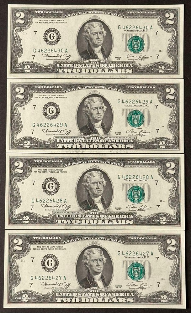 (4) Consecutive 1976 $2 Dollar Bills / Misaligned 3rd print Error / Uncirculated