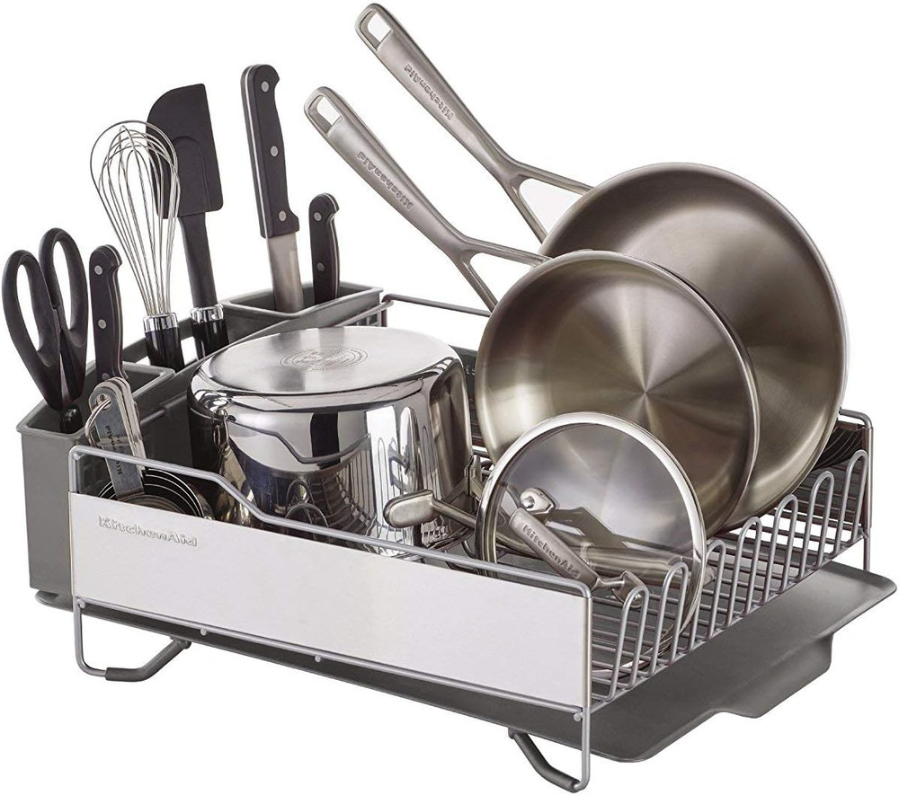 Full Size Dish Rack, Light Grey & Madesmart Classic Large Silverware Tray - Gran