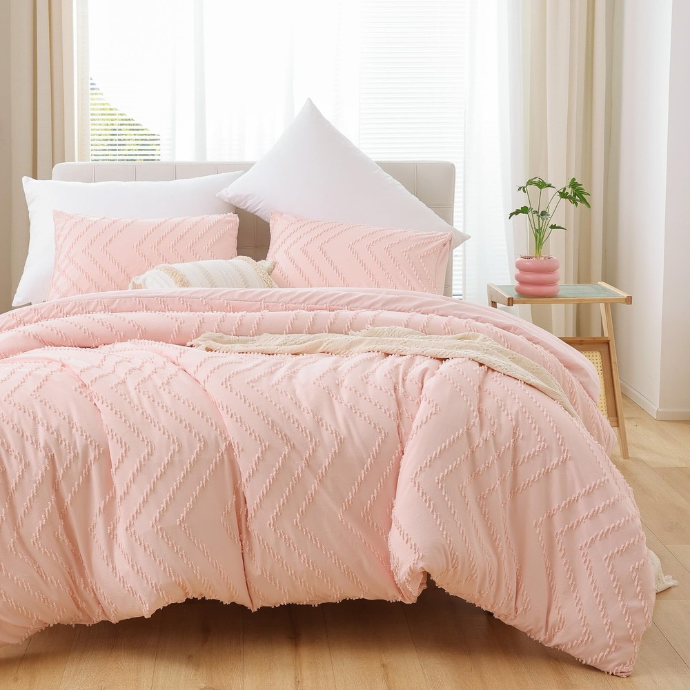 Pink Full Comforter Set 3Pcs, Boho Blush Full Size Bedding Set, Vertical Tuft...