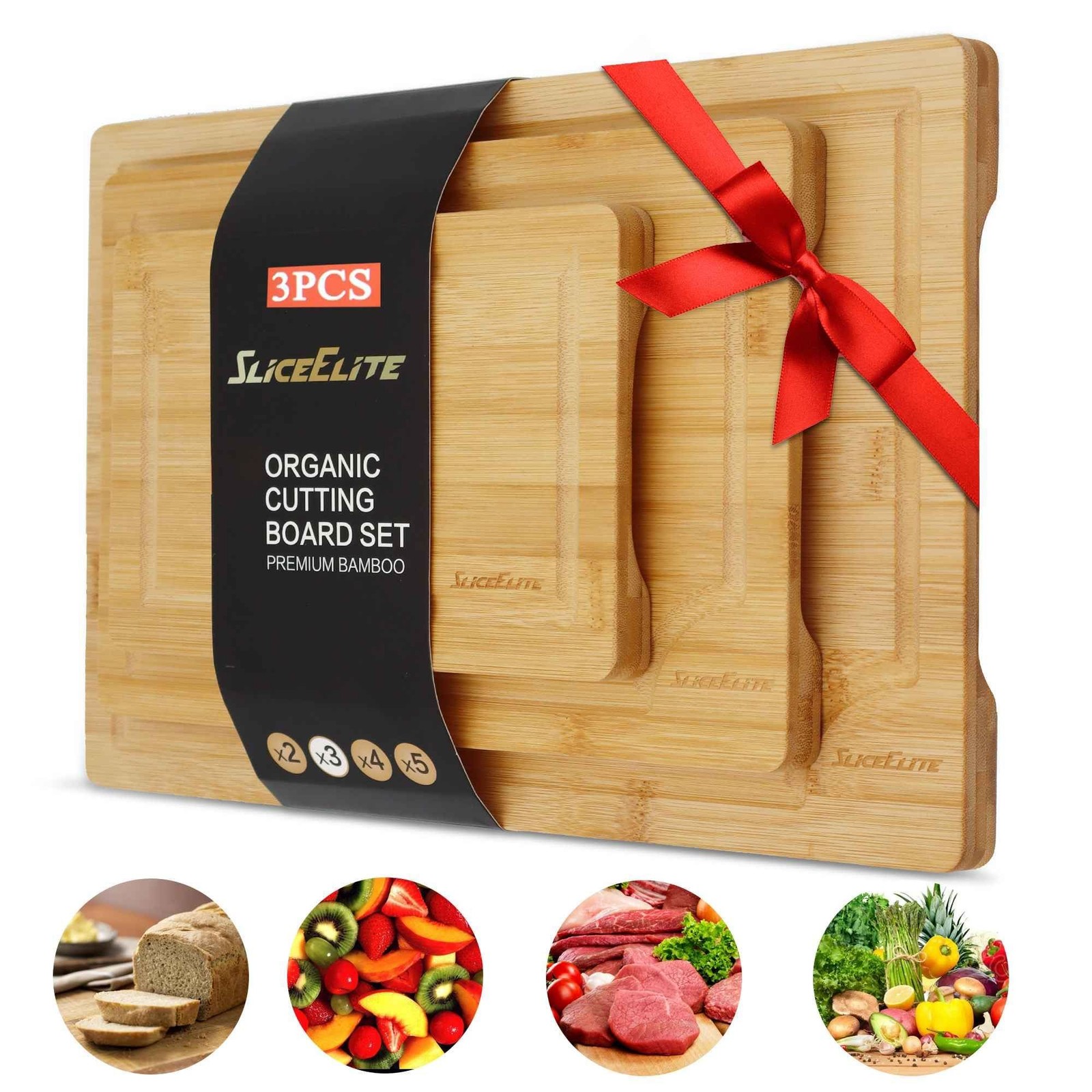 Bamboo Cutting Board Set of 3 – Wooden Boards with Handles for Kitchen