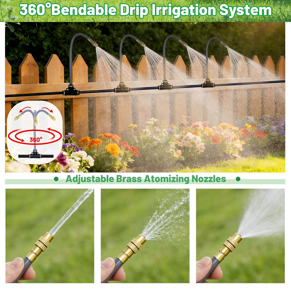 49.2 Ft 360° Adjustable 1/4" Drip Irrigation System Bendable Watering Misting Sy