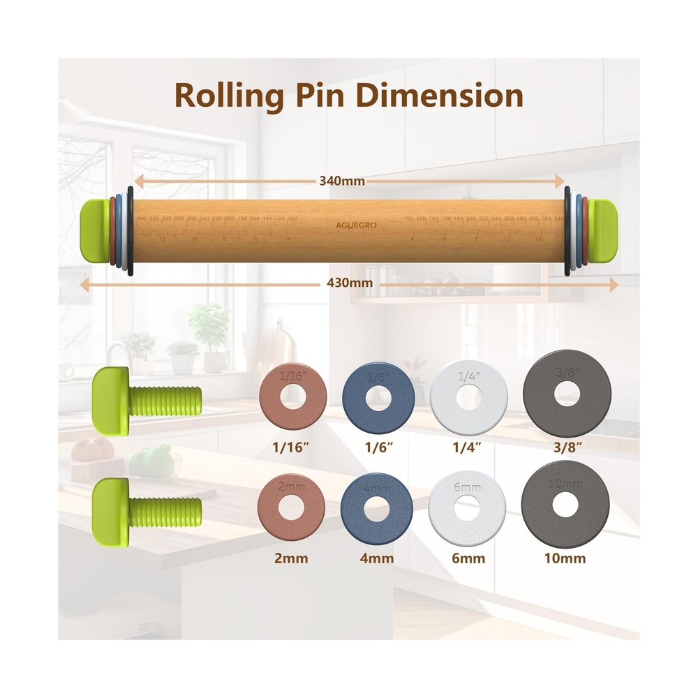 Rolling Pin with Adjustable Thickness Ring and Silicone Baking ... FAST USA SHIP