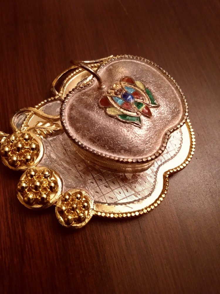 SOLID SILVER HINGED APPLE BOX ON ATTACHED TRAY ENAMEL BUTTERFLY GILT ACCENT