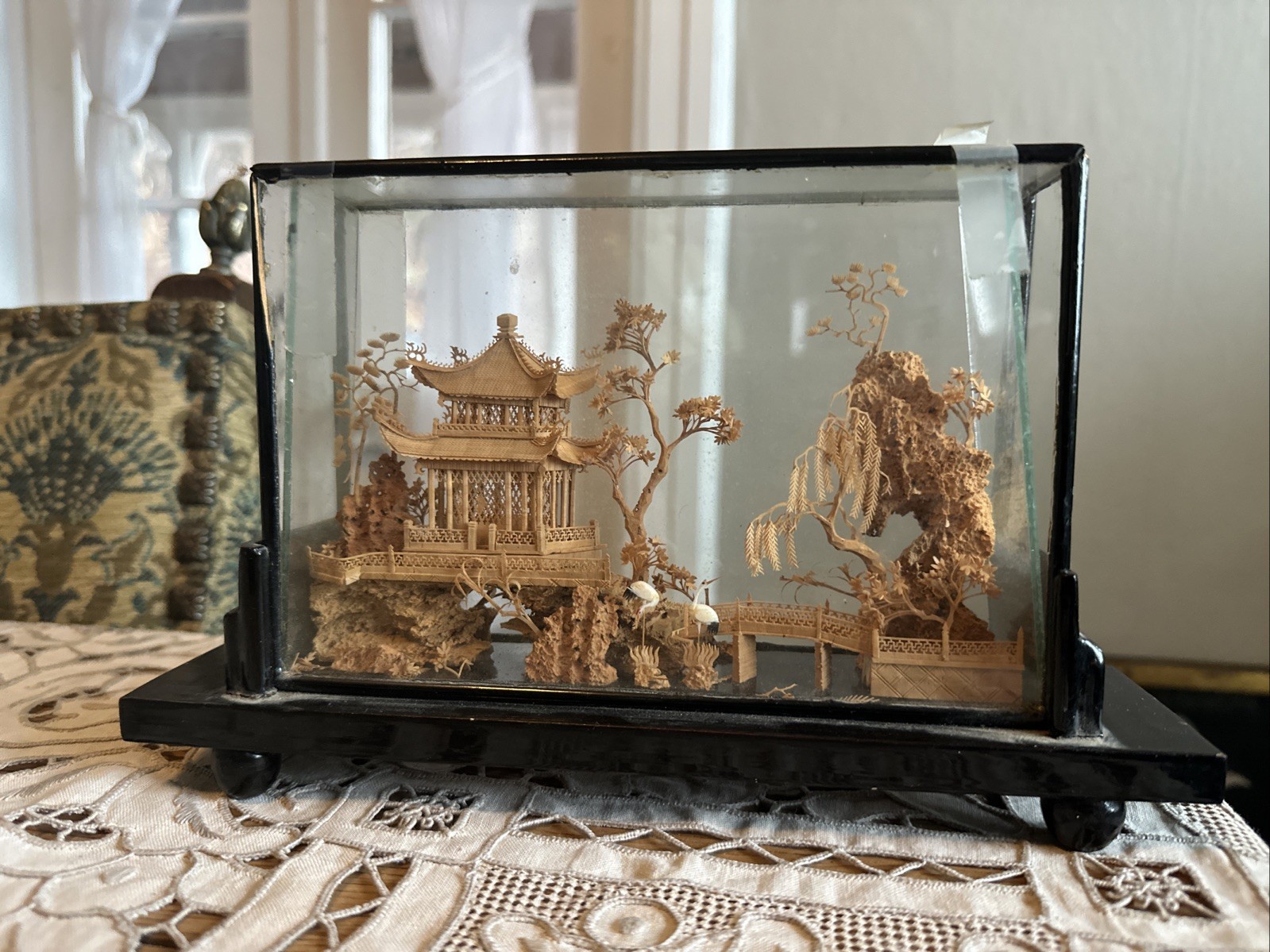 VTG Fujian Chinese Art Sculpture Diorama Cork Wood Carving Trees Crane Pagoda