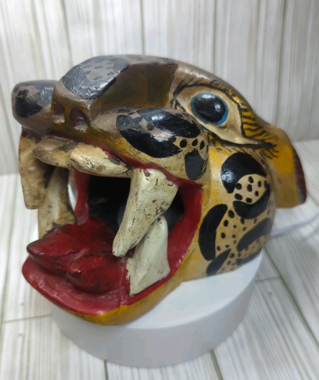 Mexican Nahua Folk Art Guerrero Carved Wood Cat Jaguar Animal Head