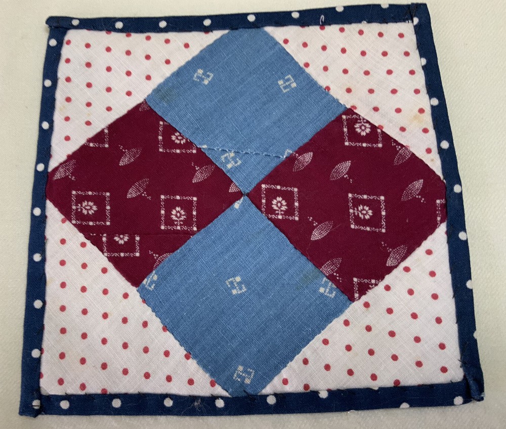 Vintage Patchwork Quilt Small Table Topper, Four Patch, Blue, Burgundy, White