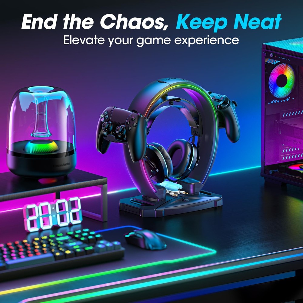 KDD RGB Headphone & Controller Stand with 9 Light Modes - Foldable Black