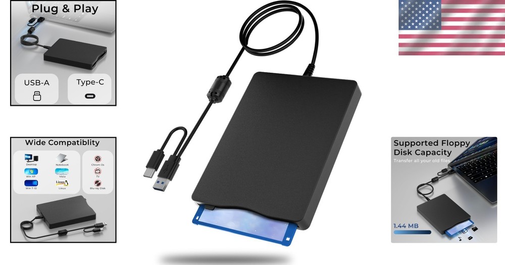 Plug and Play 3.5" USB Floppy Disk Drive - Fast USB 2.0 & Type-C Connectivity