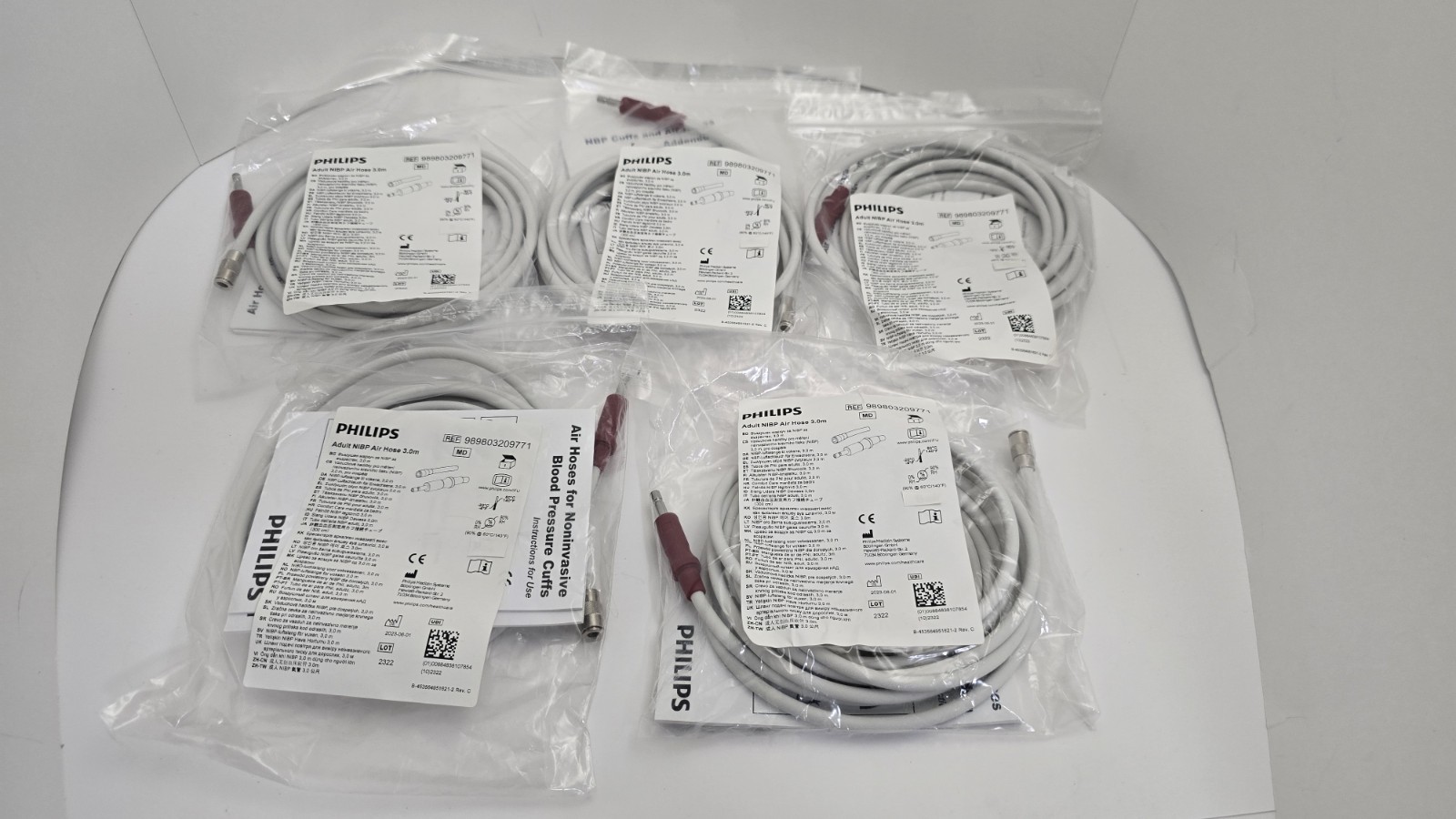 Lot of (5) Philips Adult NIBP BP Air Hose 3.0m 989803209771 New in Bags