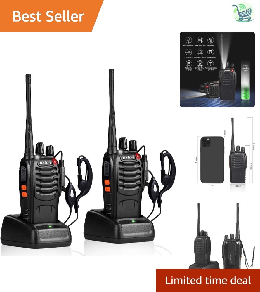 Rechargeable Long-Range Walkie Talkies - 2-Pack Note with Flashlight & Earpieces