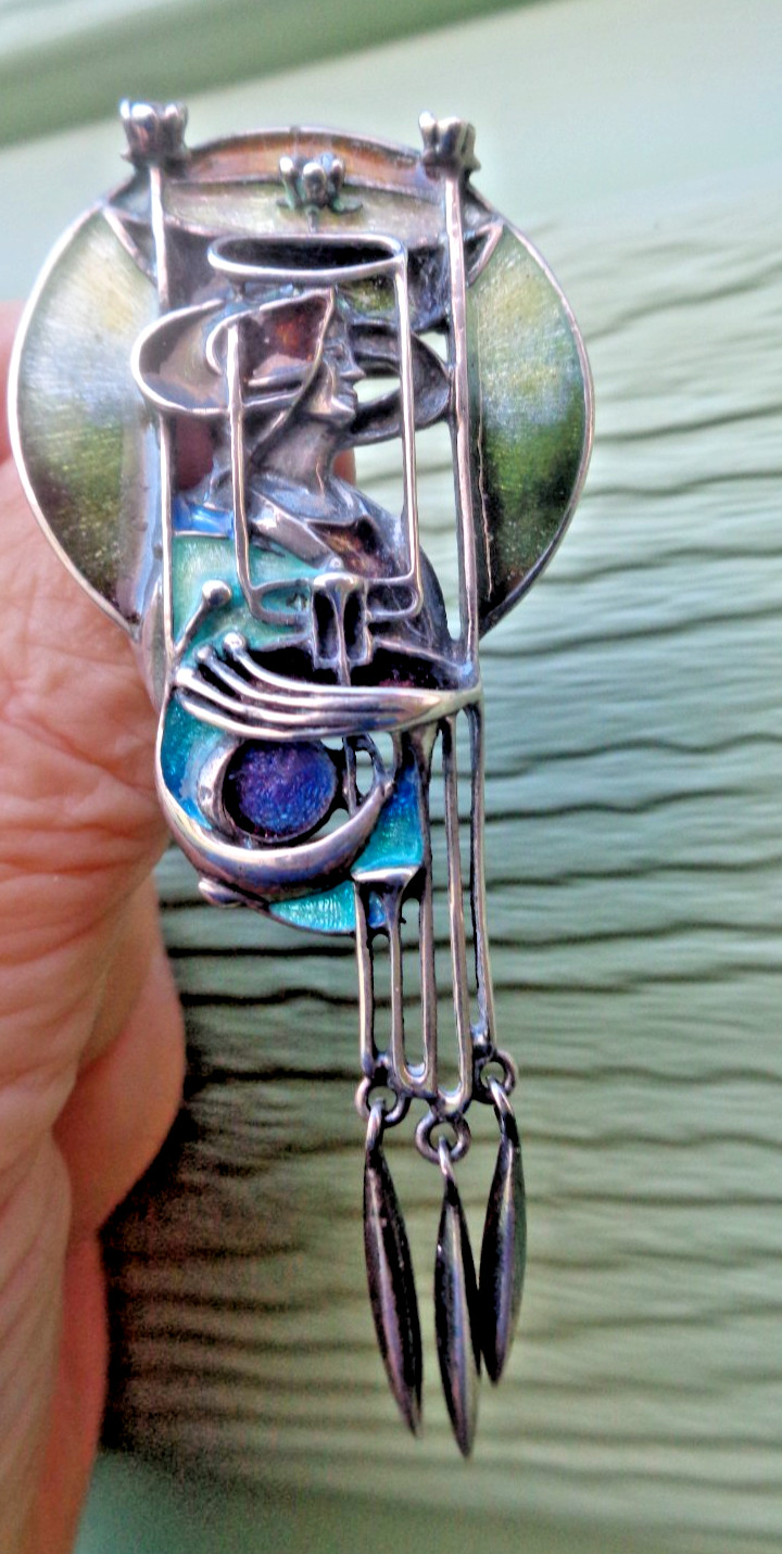 Pat Cheney Silver Pendant Brooch Scottish Sterling Enamel Art Nouveau Mackintosh