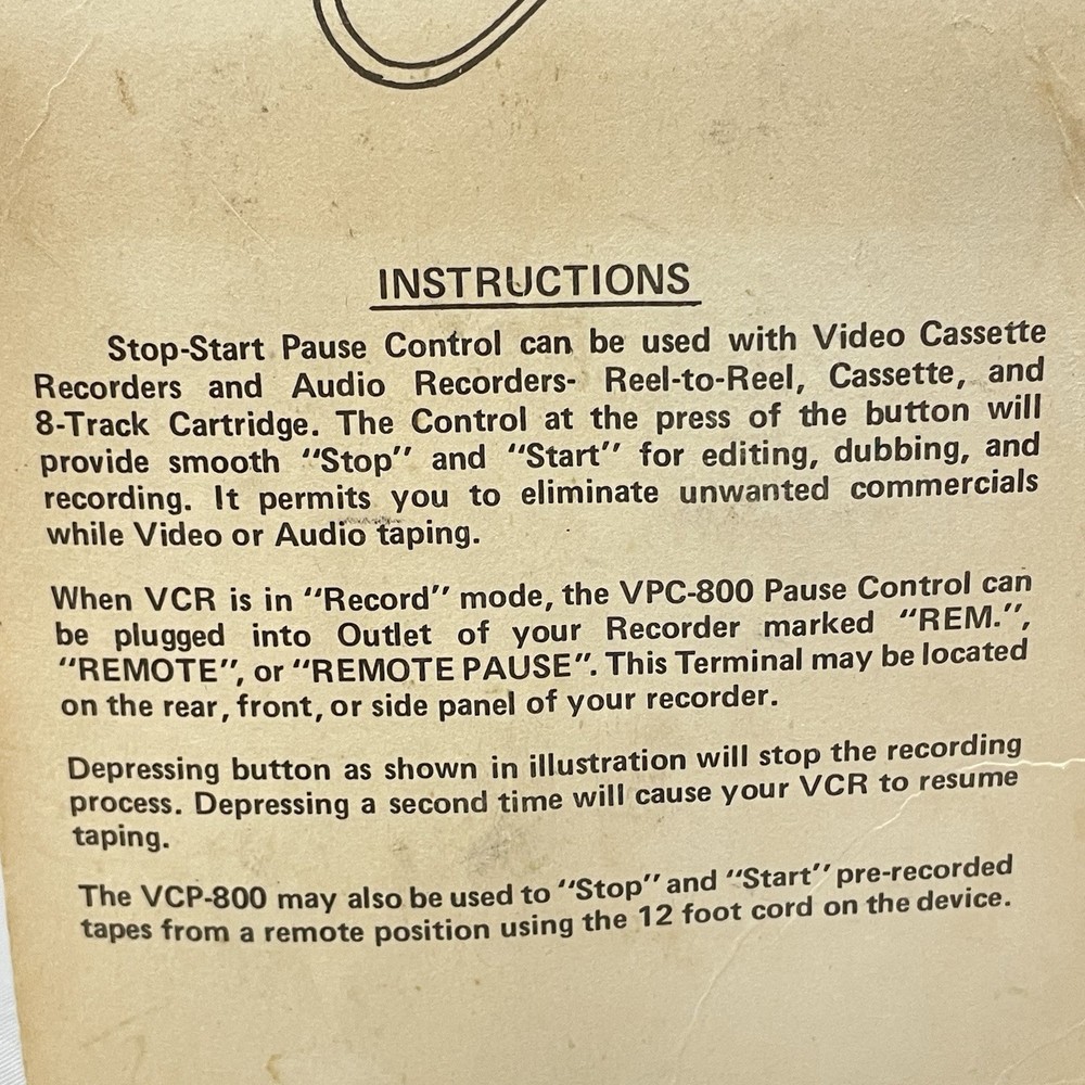 Vintage Electronics RMS VHS video audio control Manual Stop Start Button VPC-800