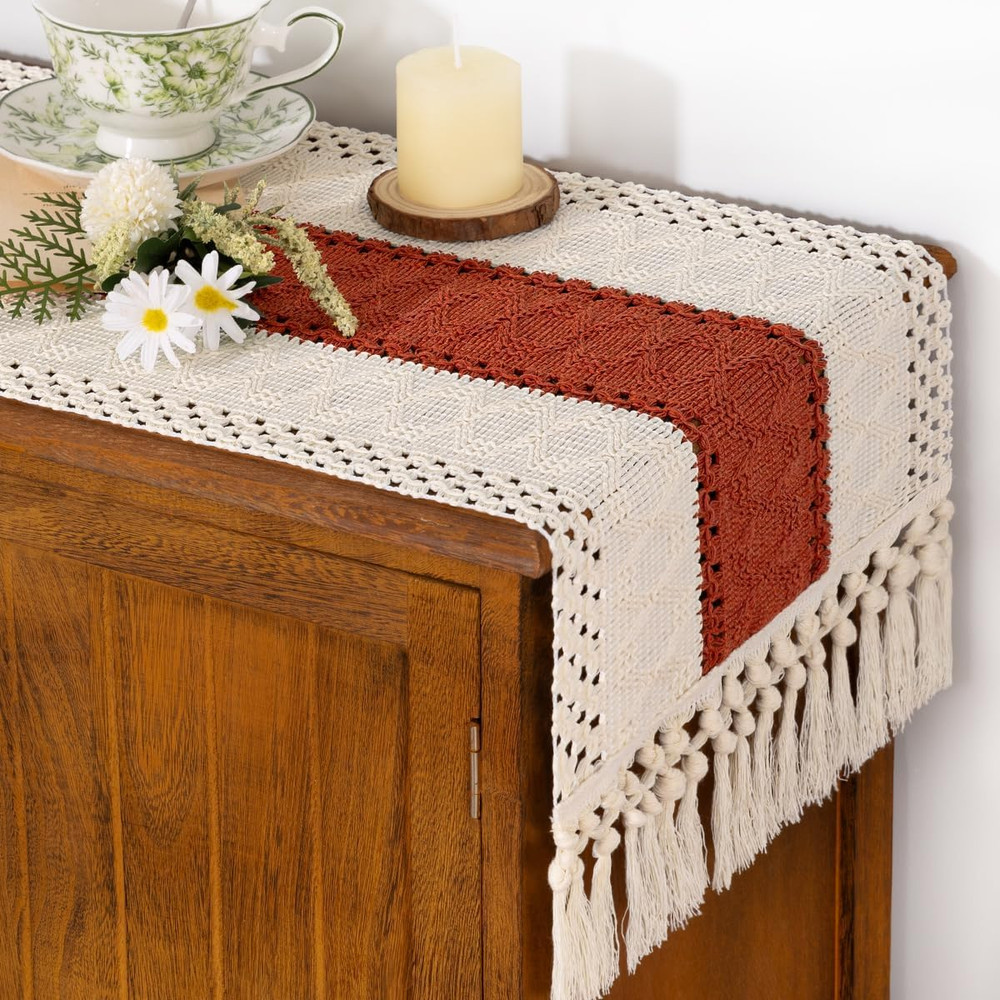 Boho Table Runner Macrame Fall Thanksgiving Farmhouse Woven Cotton Linen Rustic