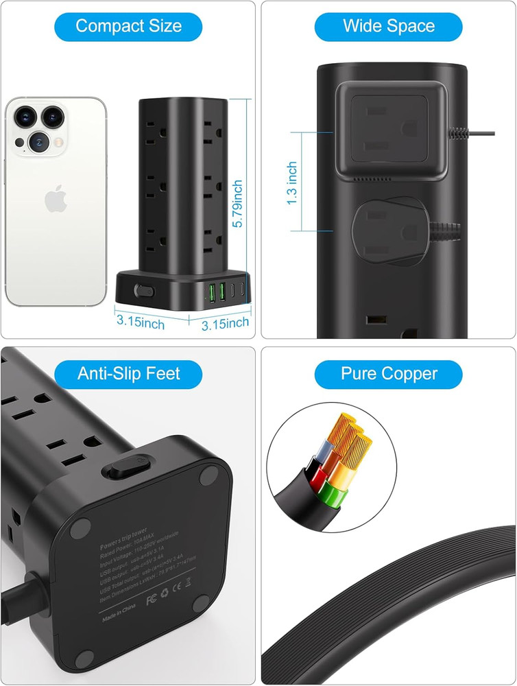 Power Strip Tower with Multiple Outlets, Flat Plug Surge Protector Tower Extensi
