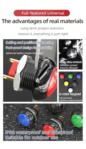 5pcs 12mm Momentary Push Button Switch Mini Round Switch IP68 Waterproof Green