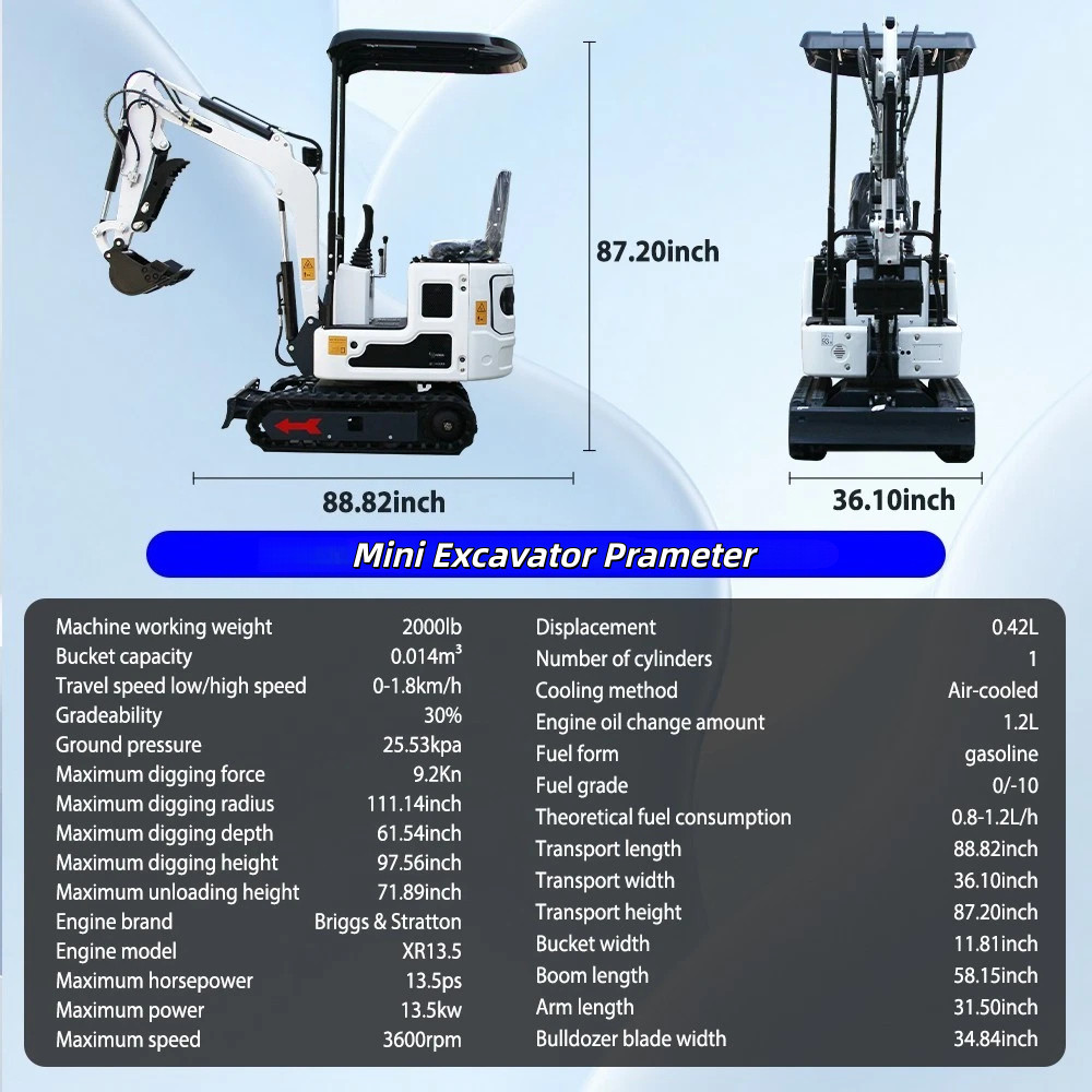1Ton Mini Excavator with B&S EPA Engine Hydraulics Digger 13.5HP Pilot Control