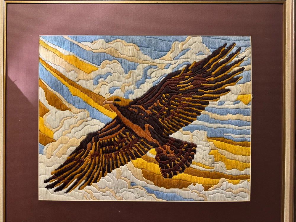 Large Vintage Needlepoint "An Eagle In Flight" - Framed