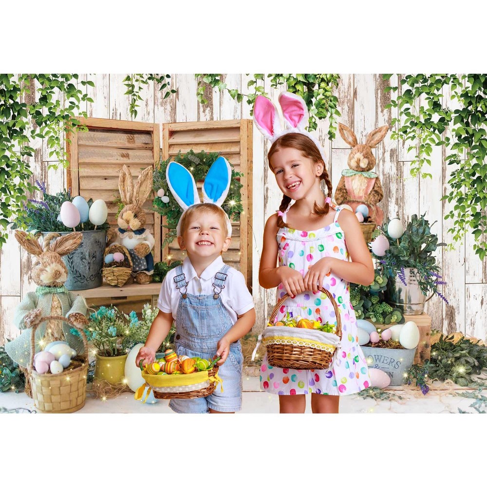 10x8ft Polyester Spring Easter Backdrop Rustic White Wooden Wall Colorful Egg...