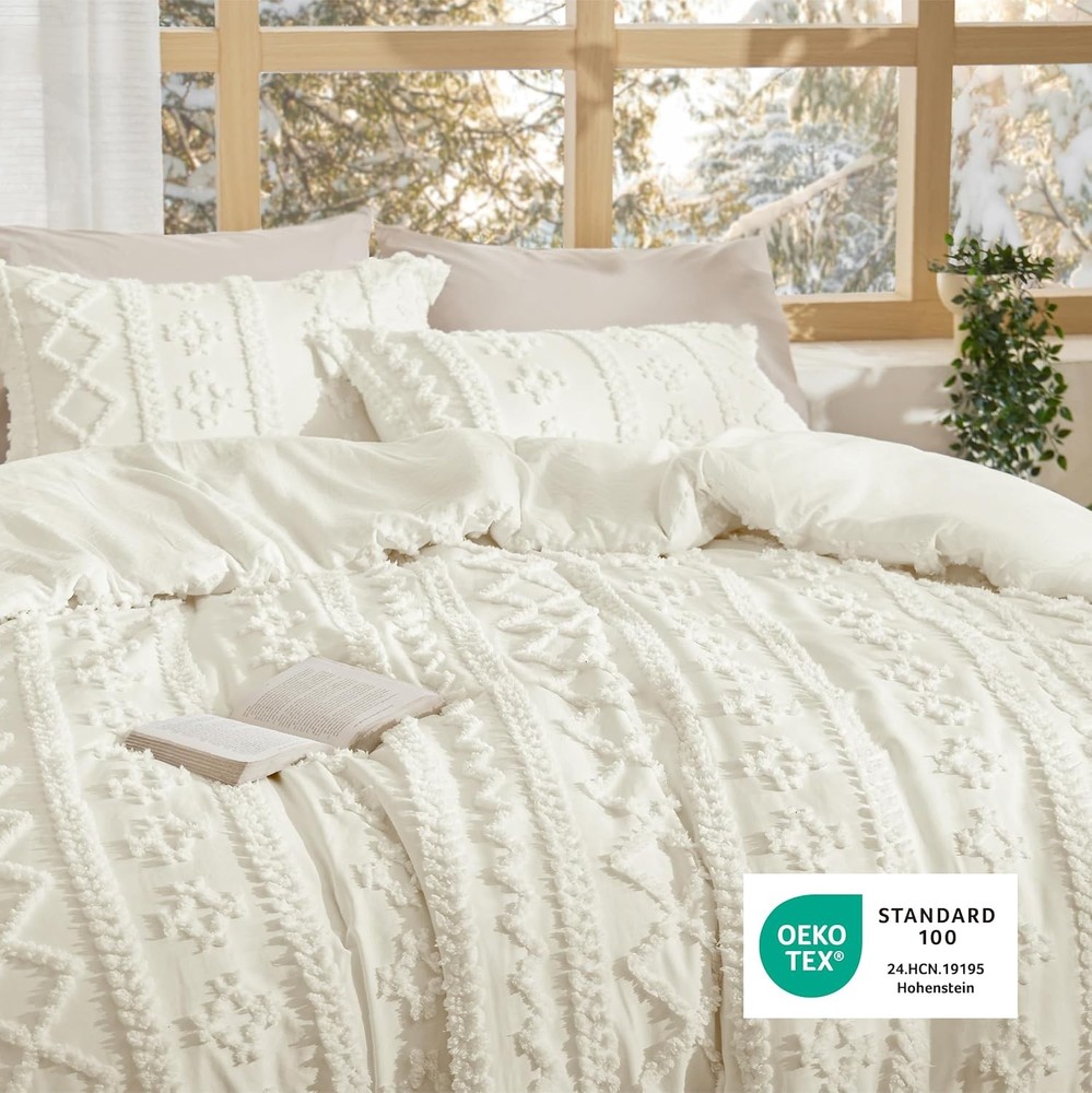 Tufted Boho Comforter Set King Size Ivory Boho Bed Set 3 Pcs