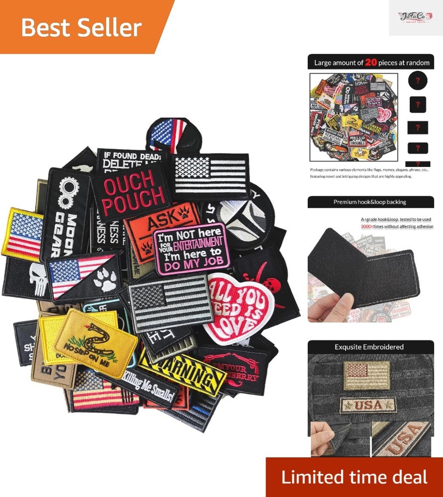 20 Pieces Random Tactical Morale Patch Bundle, Full Embroidery Loop and Hook ...