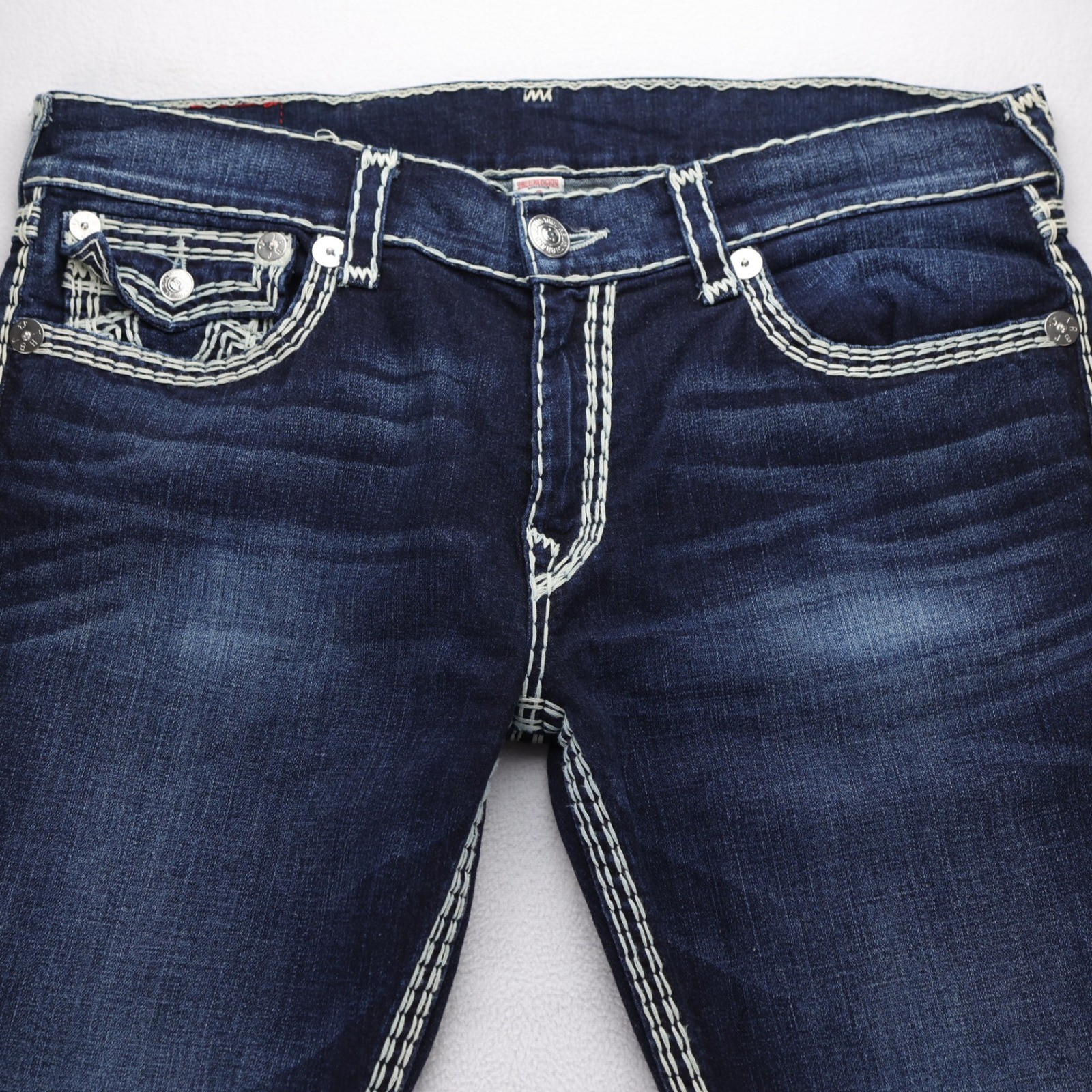 True Religion Straight Flap Super QT Jeans Mens 38 Dark Wash White Thick Stitch