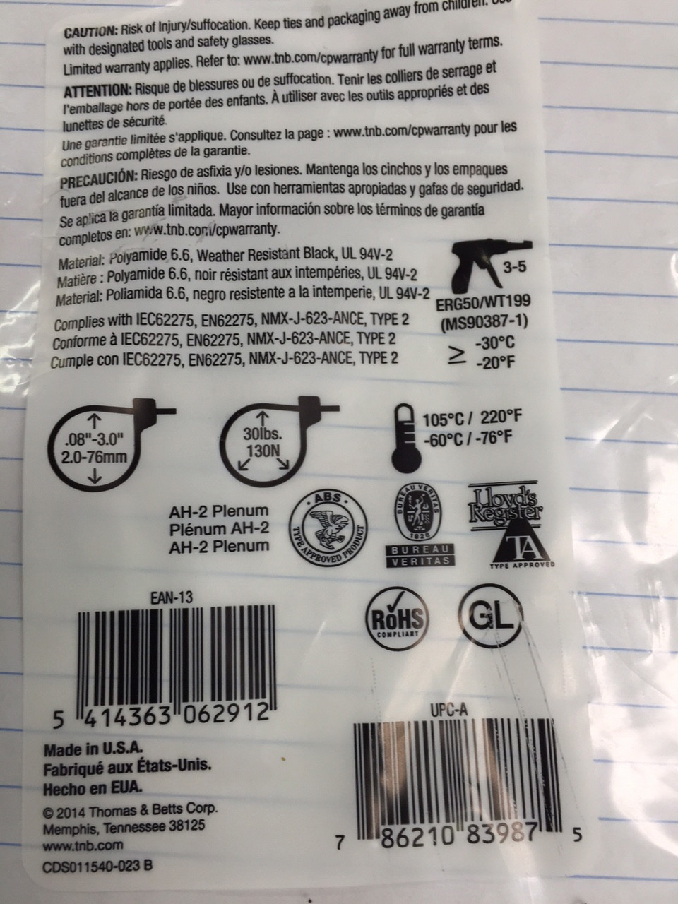Thomas & Betts Ty-Rap TY26MX 11.1" 40lb UV Black 1,000/bag
