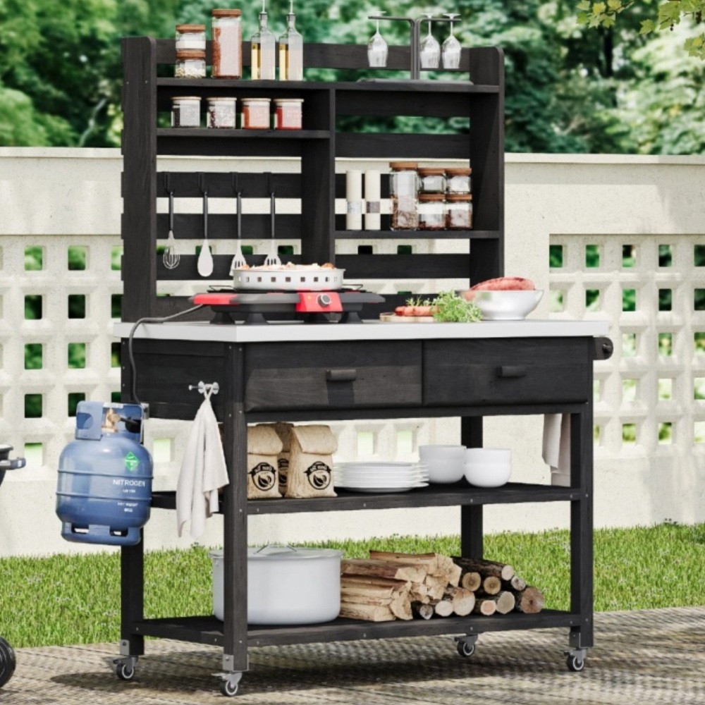 64.9"H Solid Wood Potting Bench Table w/ Lockable Wheels,Outdoor Kitchen Storage