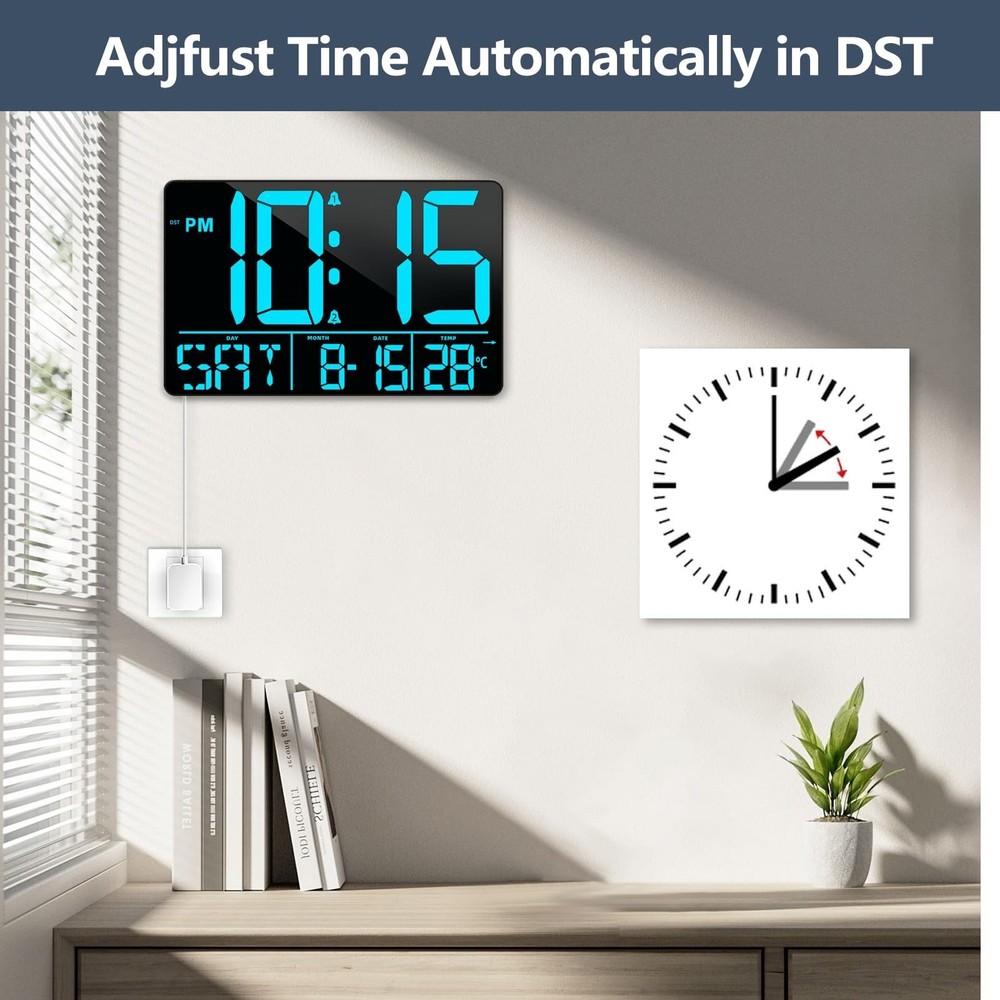 13" Digital Wall Clock Large Display with Remote, 25 Ringtones, Temperature, ...
